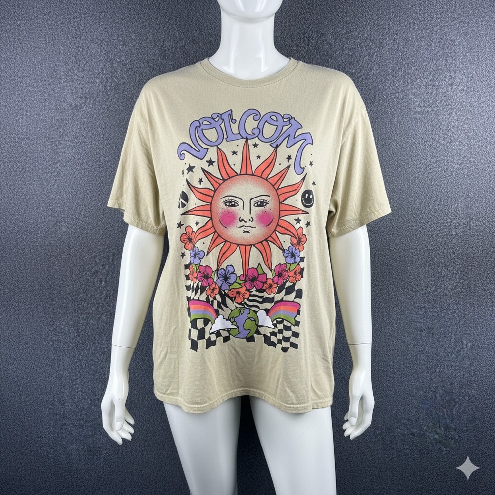 Volcom My Guys Oversized T-Shirt‎ Women's One Size Sun Print Crew Neck Cotton